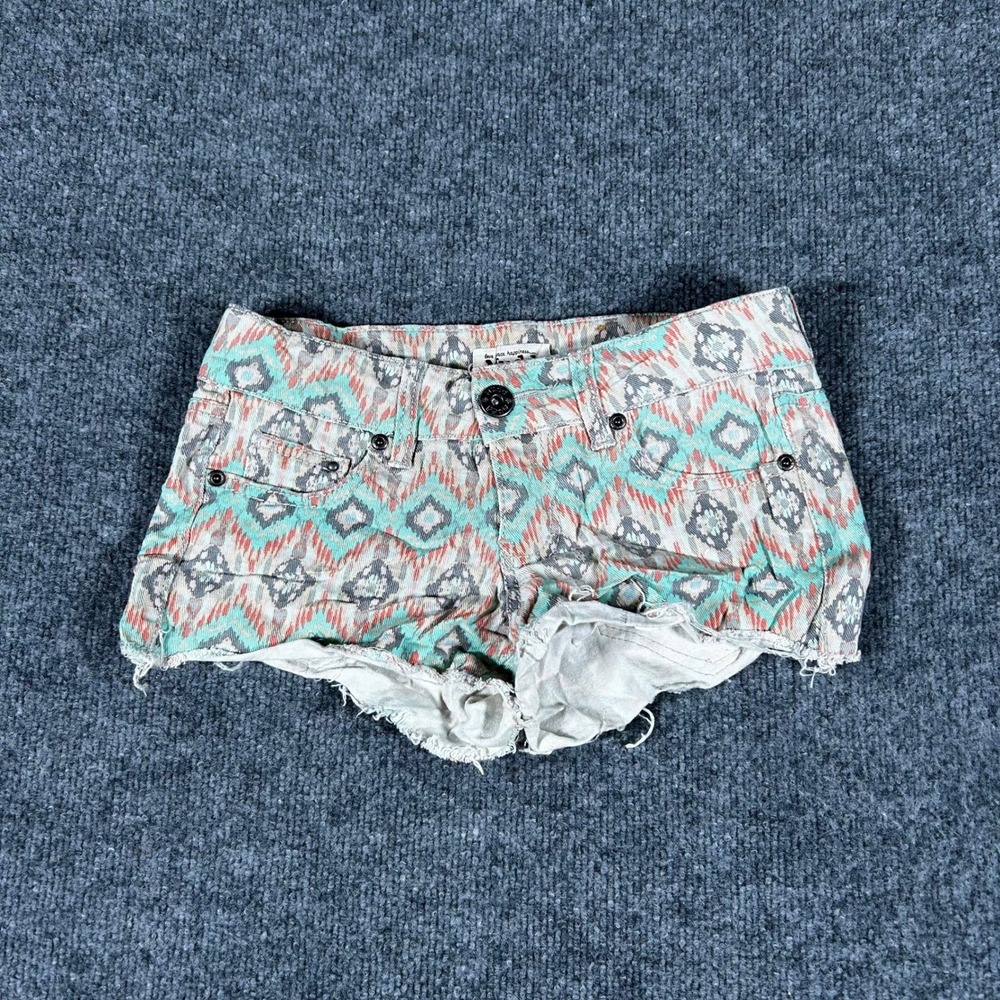 Mudd Shorts Womens Size 0 Teal Orange Ikat Southwestern Boho Frayed Raw Hem
